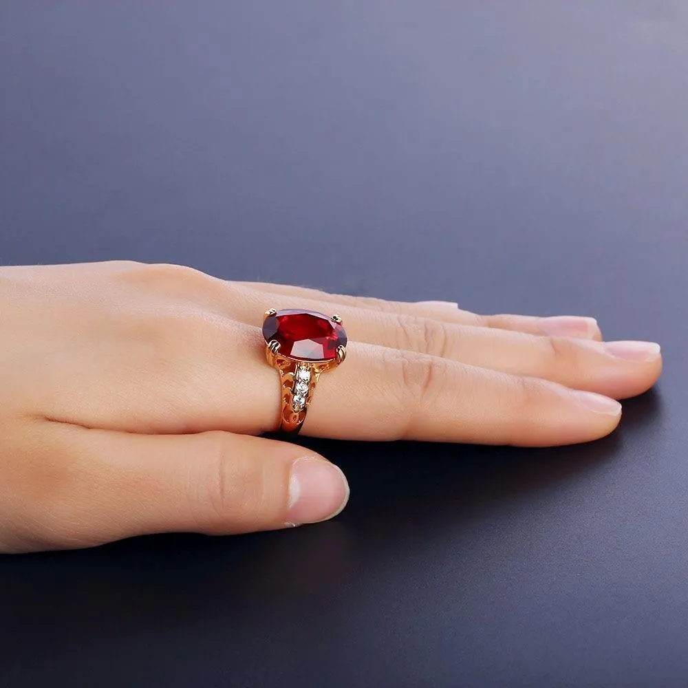 Trendy Copper Gold Color Party Rings for Women with 16mm Broadside Oval Red Stone – Jewelry Gift for Friend 