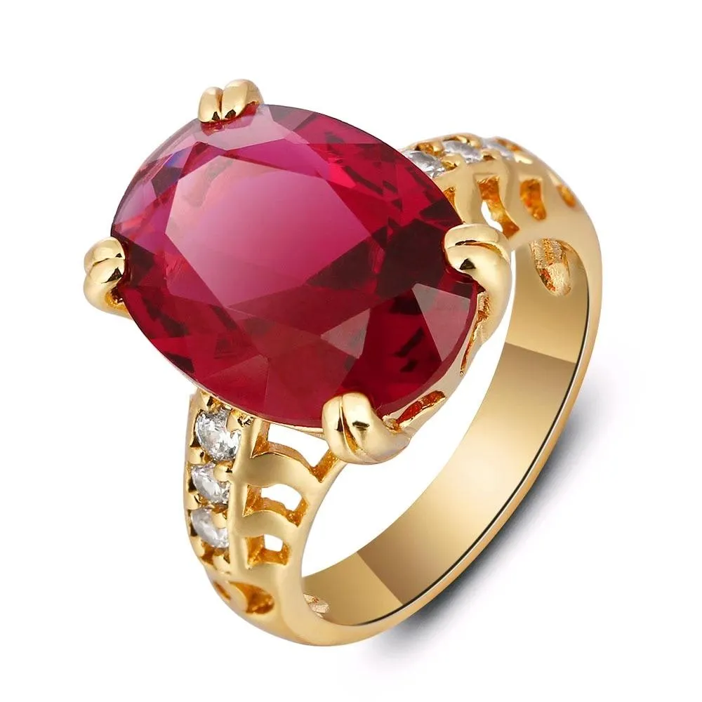 Trendy Copper Gold Color Party Rings for Women with 16mm Broadside Oval Red Stone – Jewelry Gift for Friend 