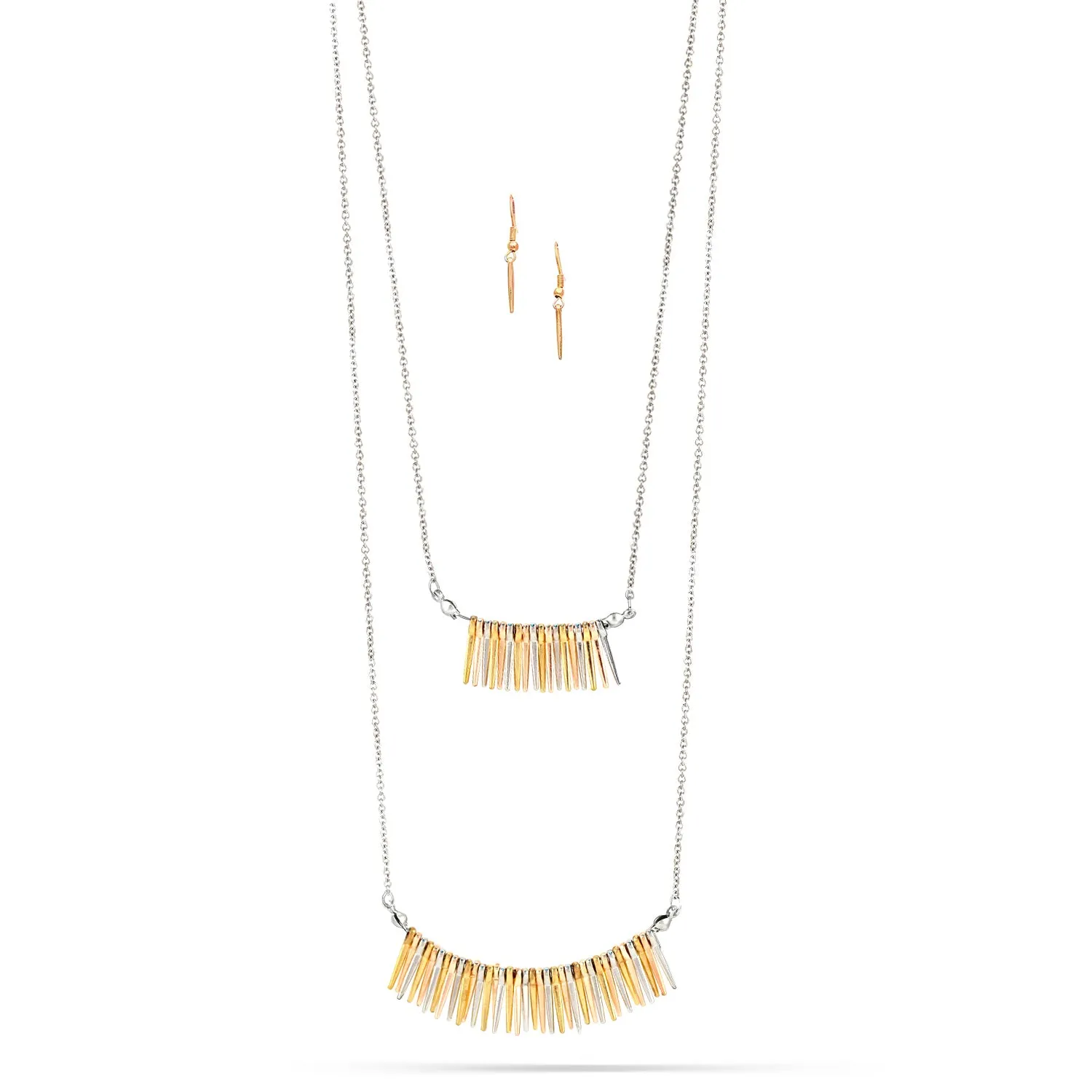 TRI-TONE EARRINGS AND 2 LAYERED TASSEL NECKLACES #SWR-CP4018GSR (RB20)