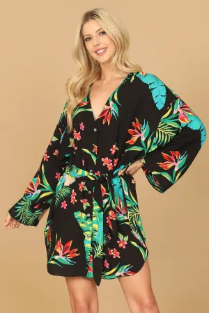 TROPICAL LONG SLEEVE BUTTON DOWN WAIST TIE CURVE HEM MINI DRESS