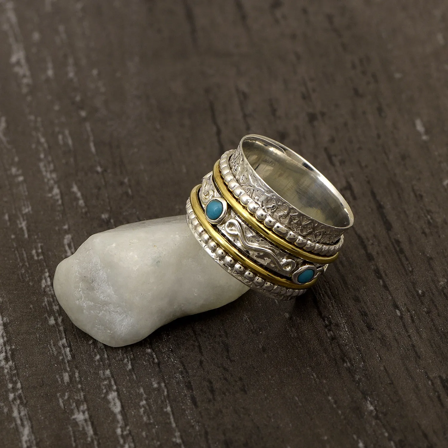 Turquoise Multi Band Engraved Meditation Spinner Ring
