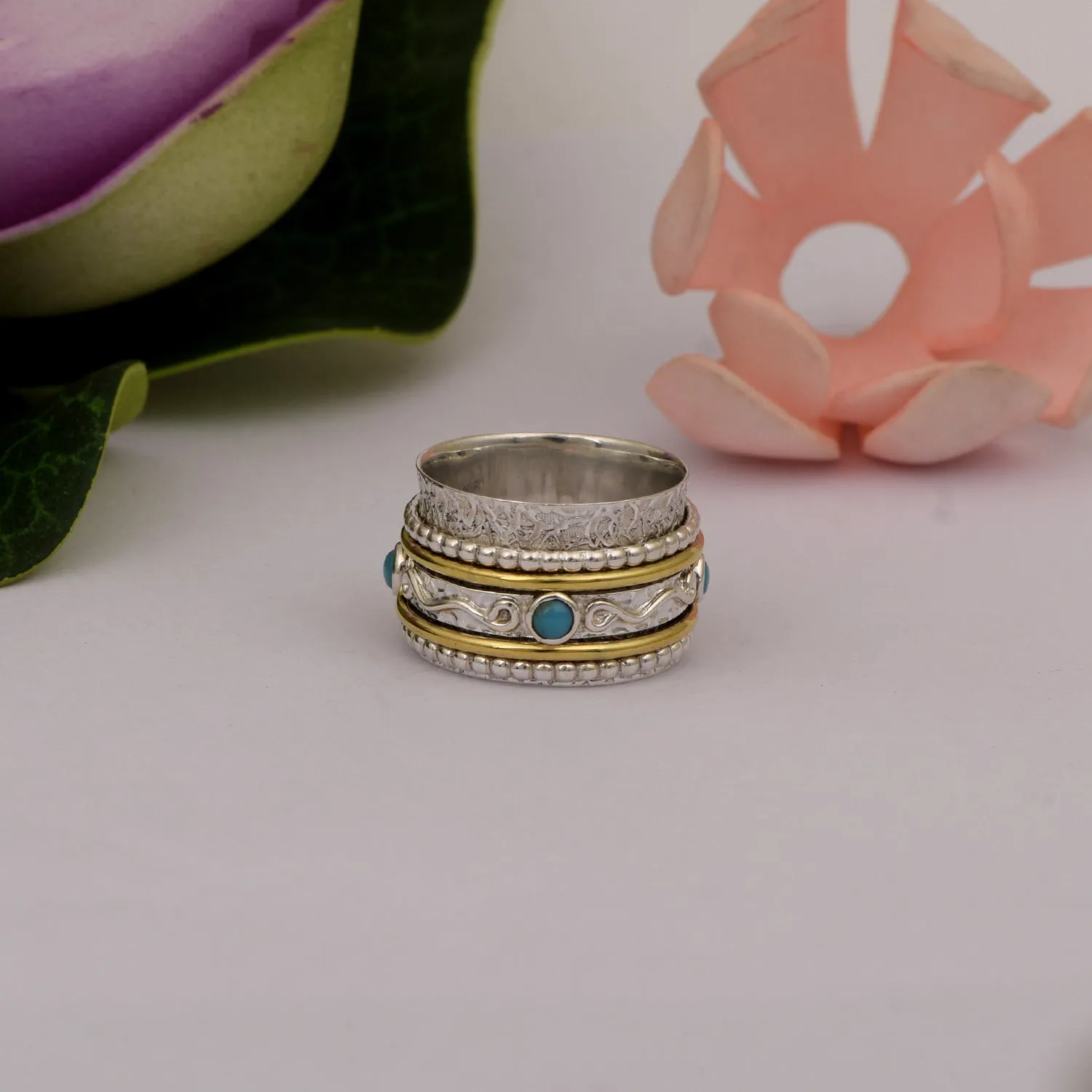 Turquoise Multi Band Engraved Meditation Spinner Ring