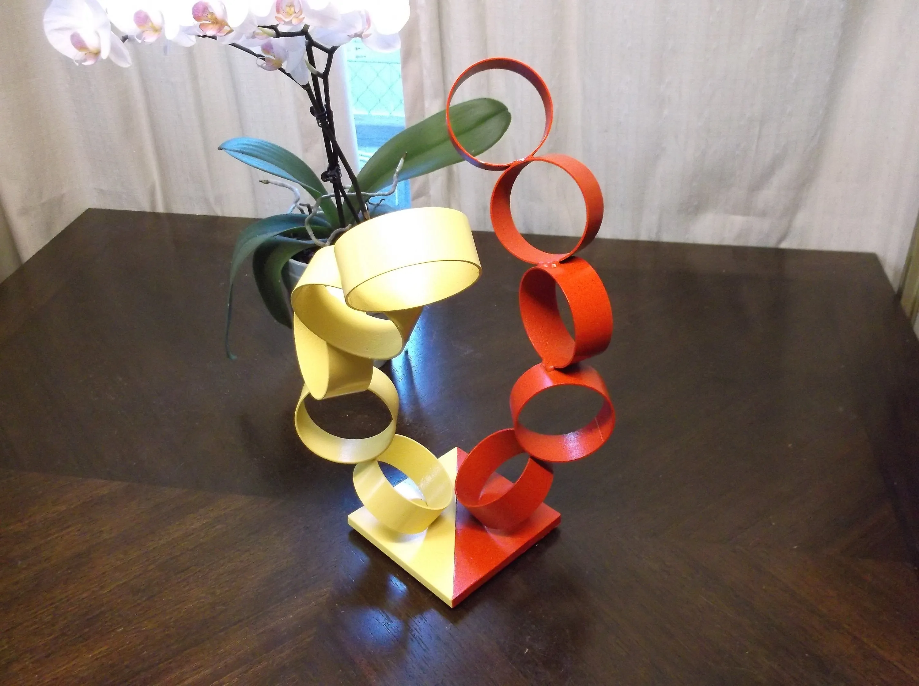 Twisted Metal Rings, Abstract Sculpture, Red & Yellow Modern Welded Art