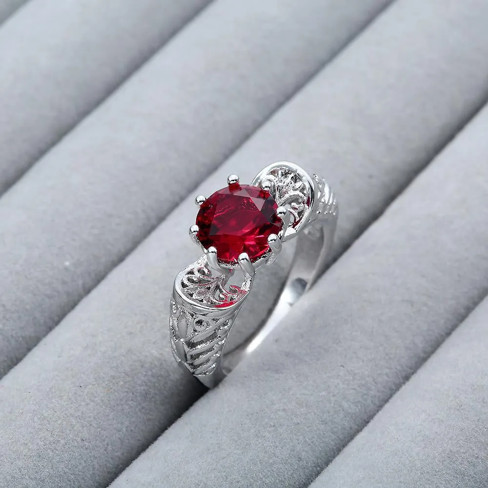 Unique Hollow Red Ruby Black and Silver Plated Ring