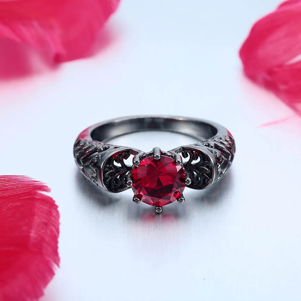 Unique Hollow Red Ruby Black and Silver Plated Ring