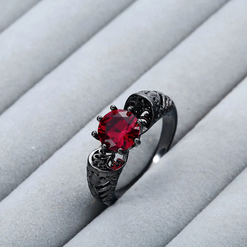 Unique Hollow Red Ruby Black and Silver Plated Ring