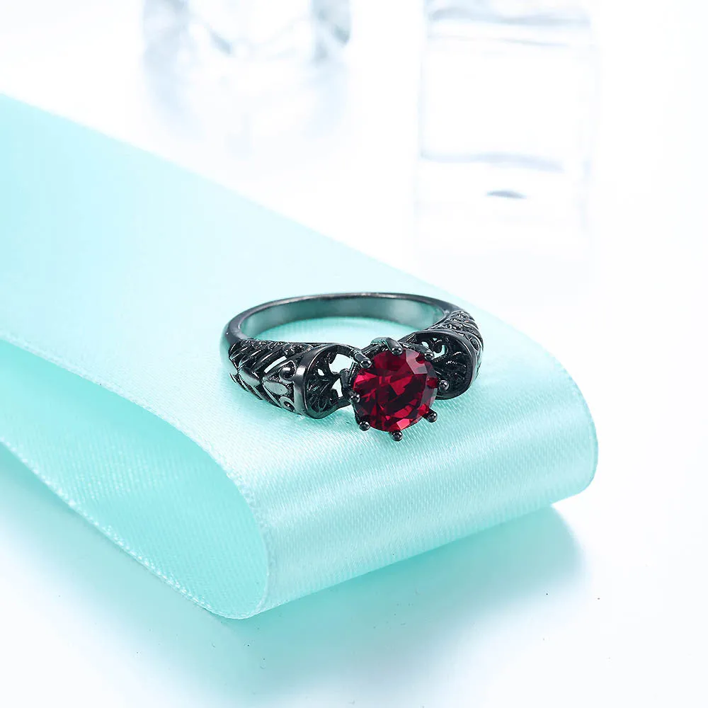 Unique Hollow Red Ruby Black and Silver Plated Ring