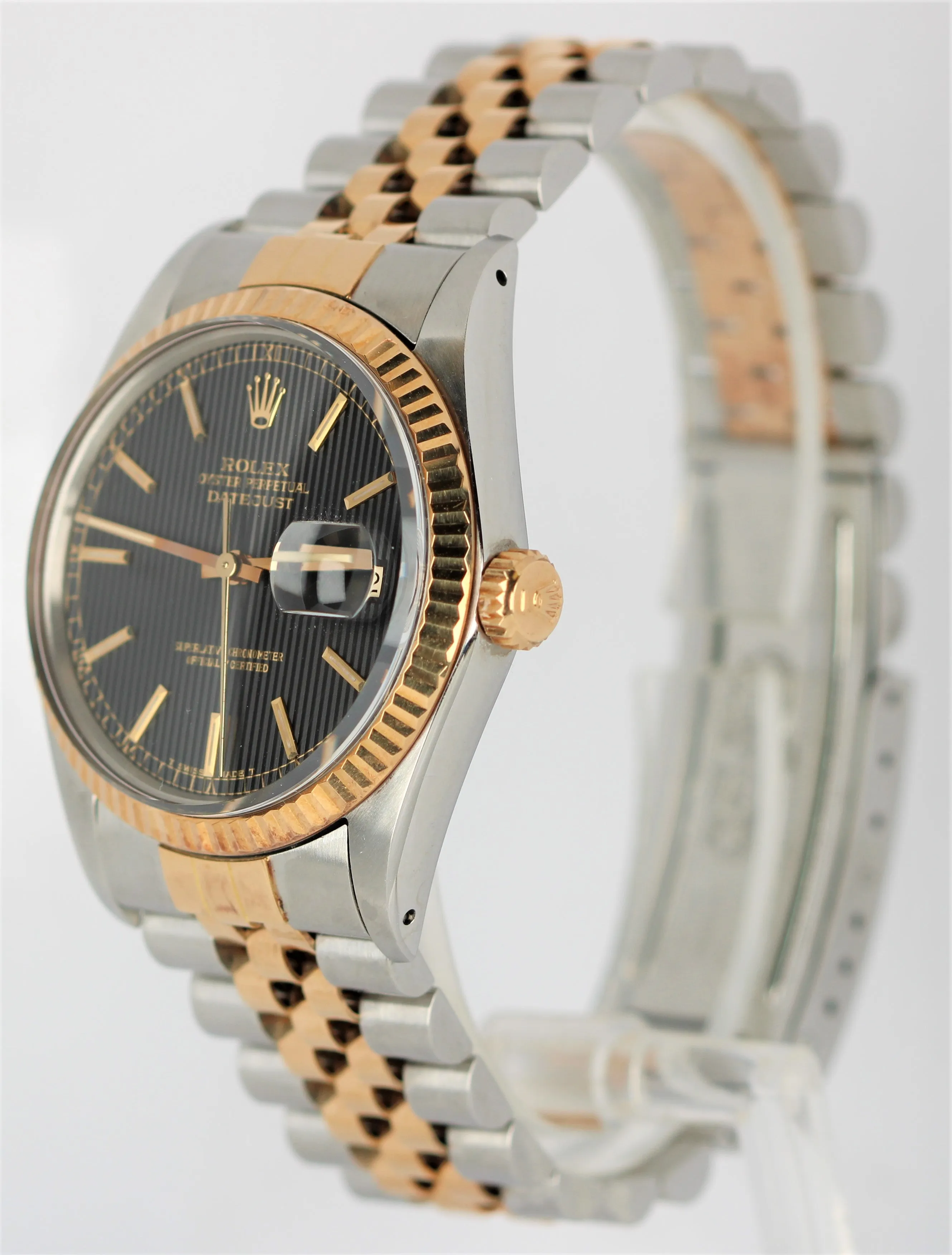 UNPOL. Top Condition Compete Rolex DateJust Black Tapestry TT 36mm 16013 Watch