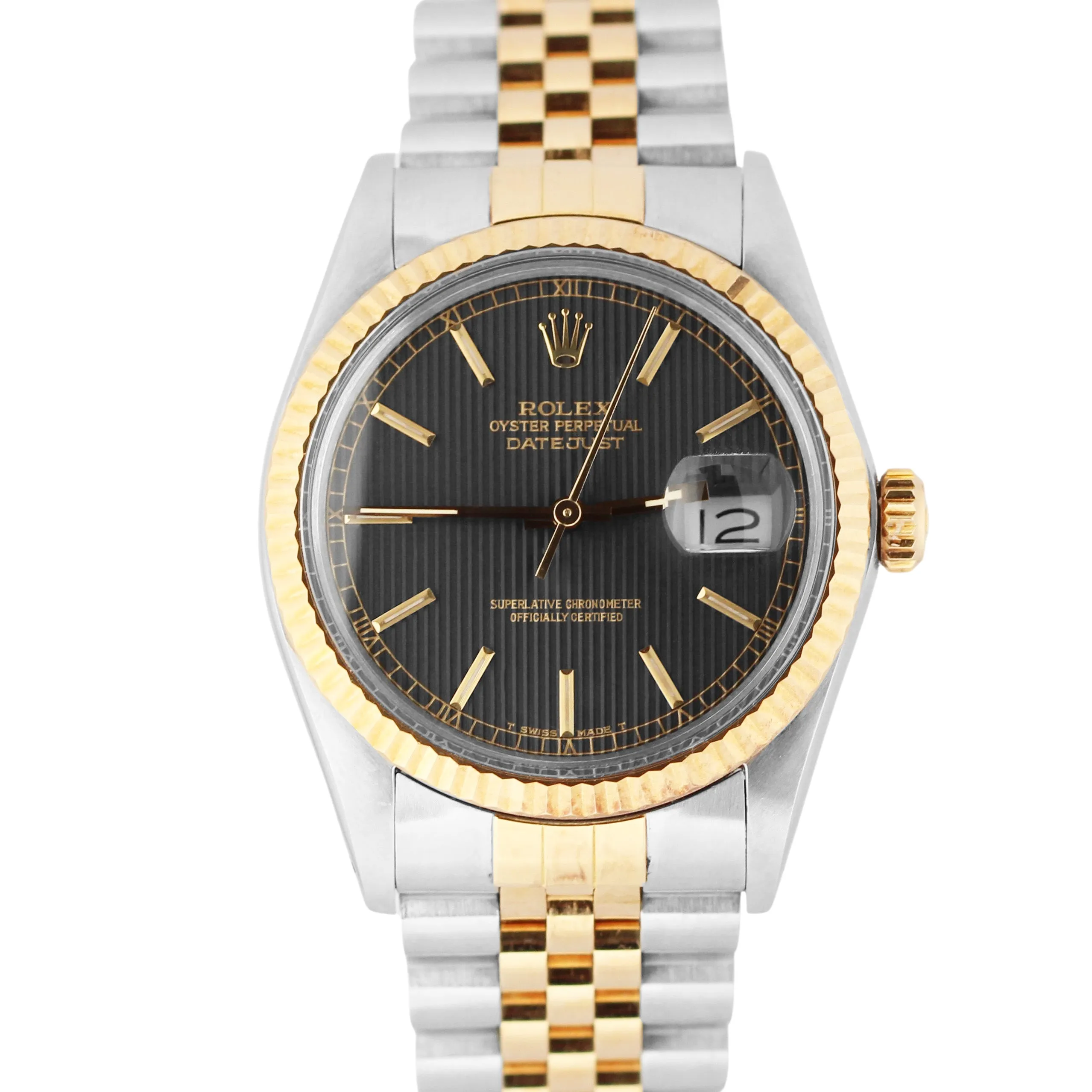UNPOL. Top Condition Compete Rolex DateJust Black Tapestry TT 36mm 16013 Watch