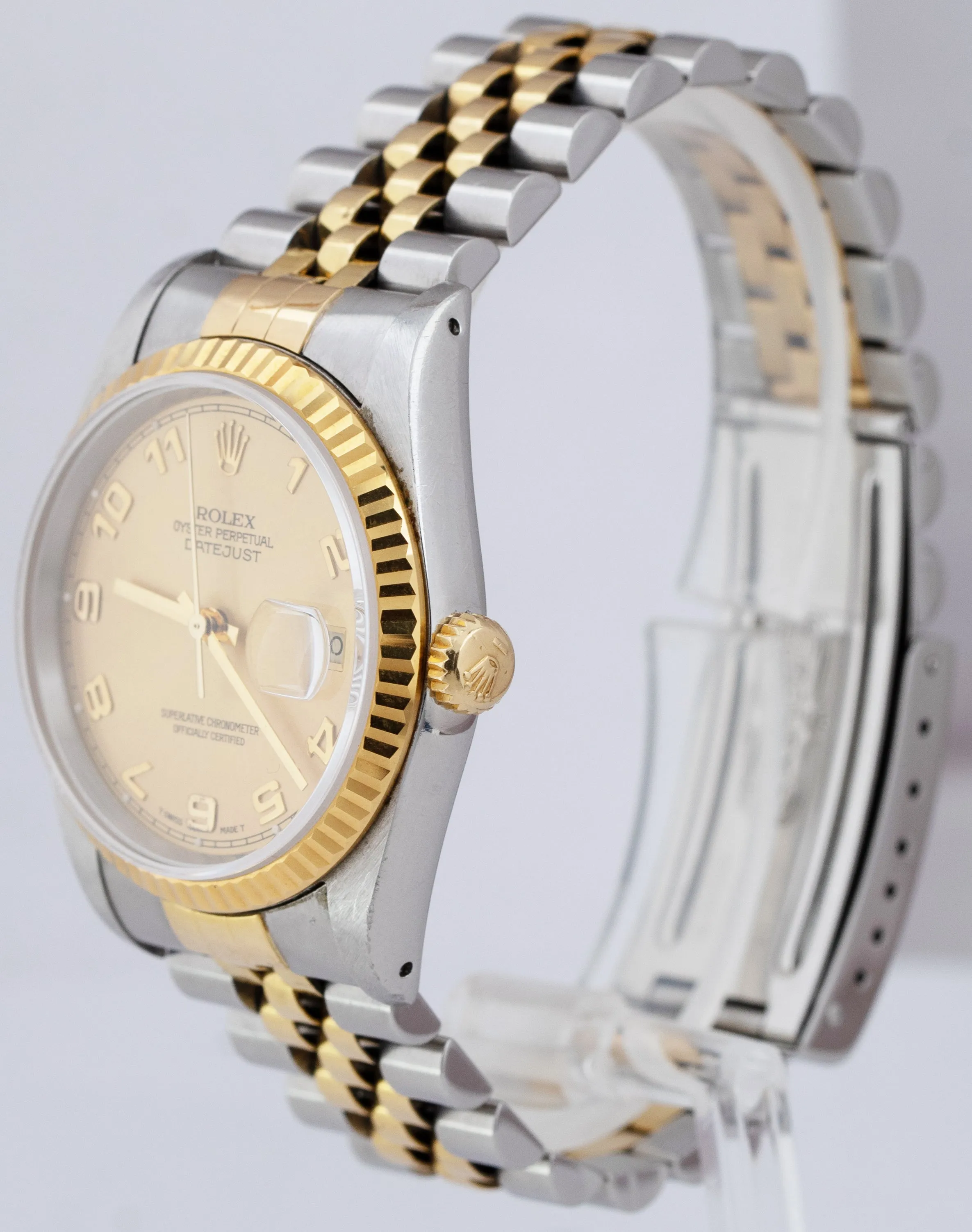 UNPOLISHED Rolex DateJust 36mm 18K Gold Stainless Champagne Arabic Watch 16233