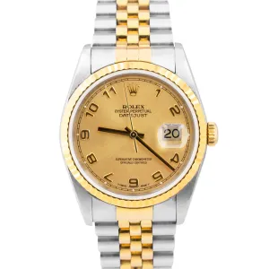 UNPOLISHED Rolex DateJust 36mm 18K Gold Stainless Champagne Arabic Watch 16233