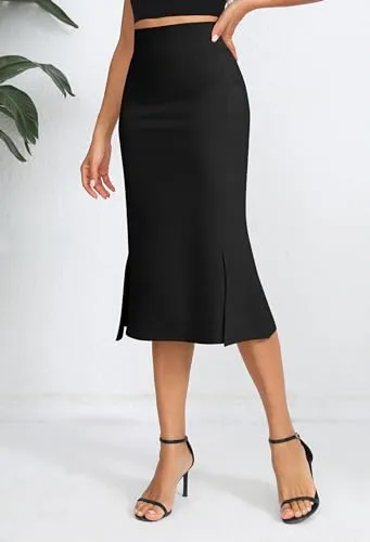 Urban CoCo Women's Stretch Office Fishtail Pencil Skirt High Waist Bodycon Midi Skirt with Slit (Black,M)