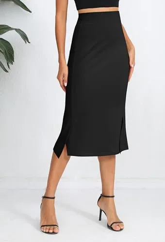 Urban CoCo Women's Stretch Office Fishtail Pencil Skirt High Waist Bodycon Midi Skirt with Slit (Black,M)