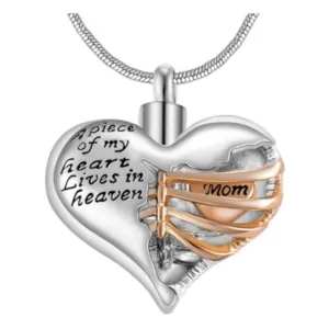 Urn Of Memories X Mystical Passion New Collection! Heart in Chest Cage inscribed "A piece of my heart lives in Heaven" Urn Pendant for cremation ashes
