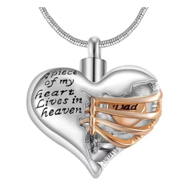 Urn Of Memories X Mystical Passion New Collection! Heart in Chest Cage inscribed "A piece of my heart lives in Heaven" Urn Pendant for cremation ashes