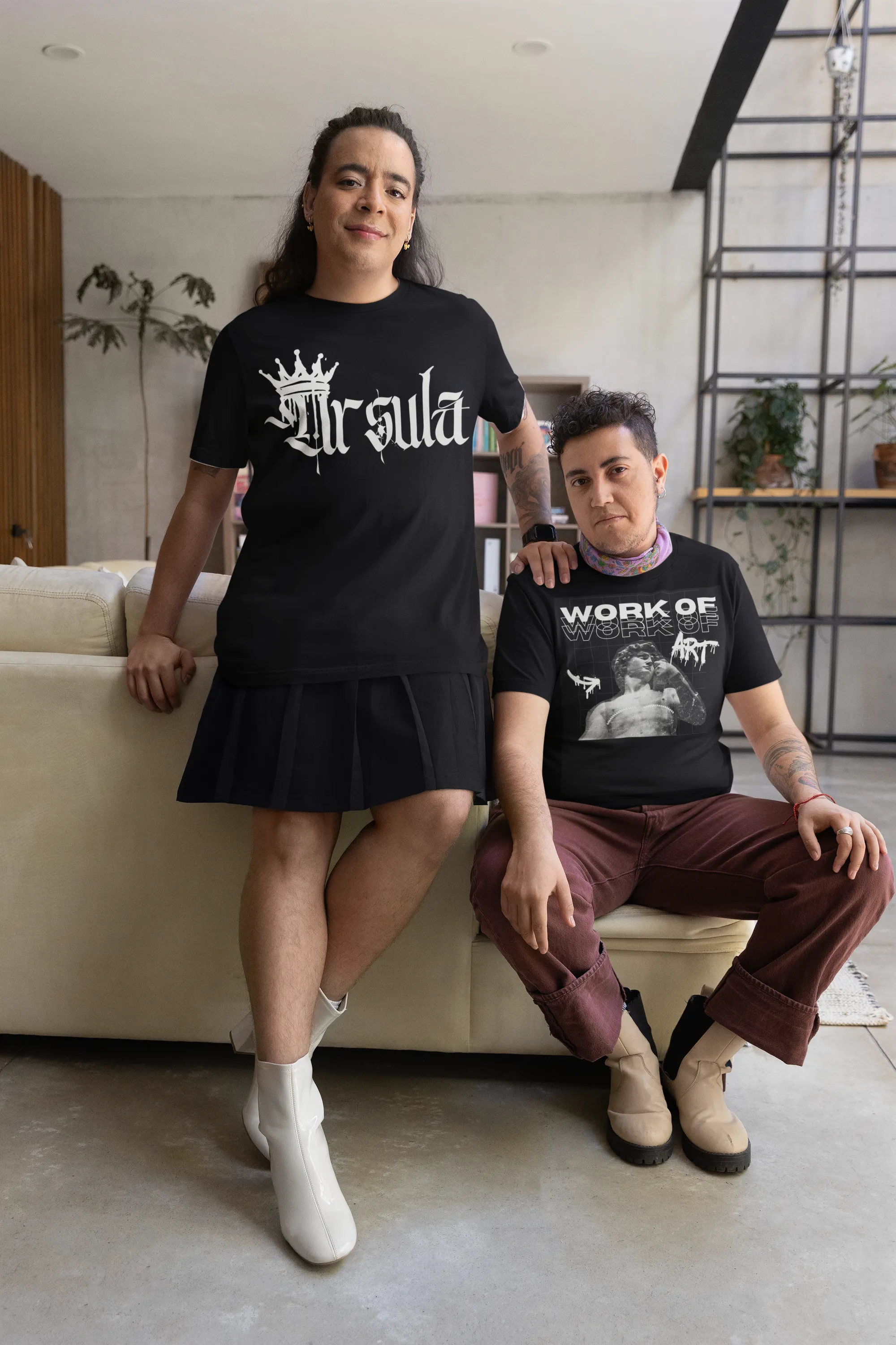 Ursula Spray Paint Crown Graphic Tee Lesbian Pride T-Shirt on front of Black Oversize Deep Drop Shoulder Tee - 190 GSM