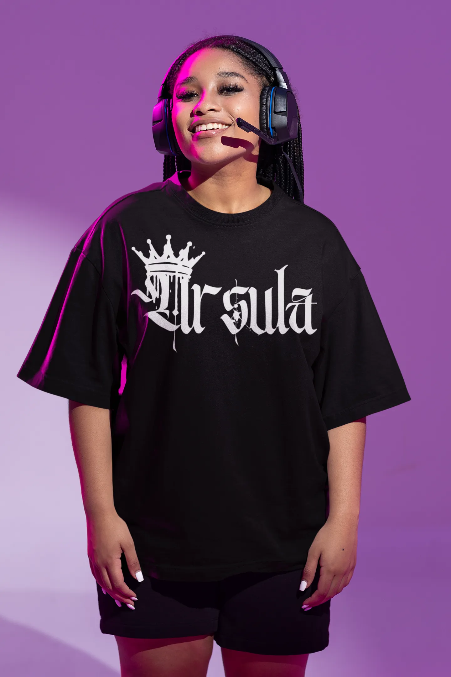 Ursula Spray Paint Crown Graphic Tee Lesbian Pride T-Shirt on front of Black Oversize Deep Drop Shoulder Tee - 190 GSM