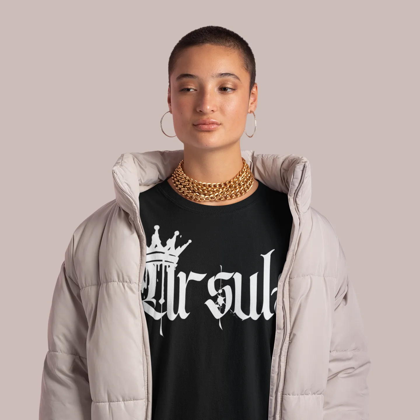 Ursula Spray Paint Crown Graphic Tee Lesbian Pride T-Shirt on front of Black Oversize Deep Drop Shoulder Tee - 190 GSM