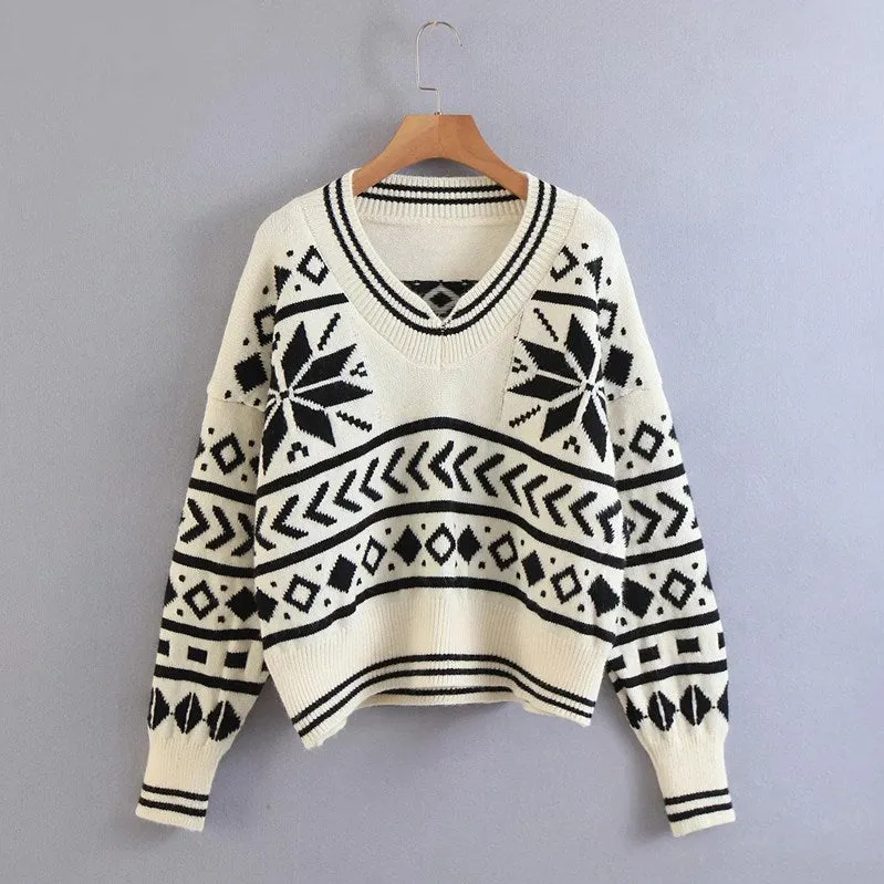 V-neck Knit Argyle Pattern Vintage Sweaters