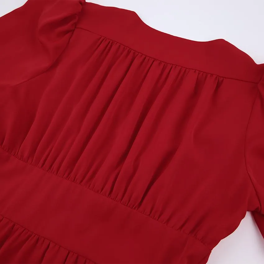 V-neck Lantern Bubbles Sleeve Skater Party Mini Dresses