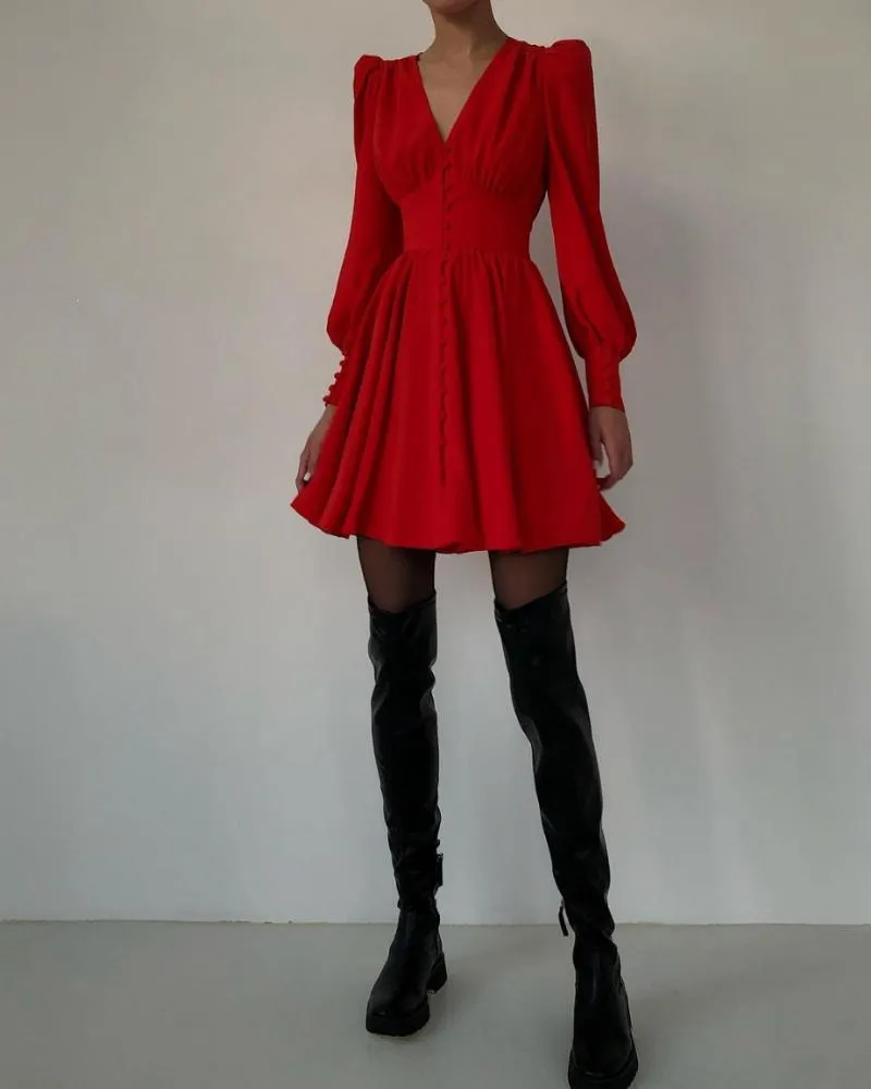 V-neck Lantern Bubbles Sleeve Skater Party Mini Dresses