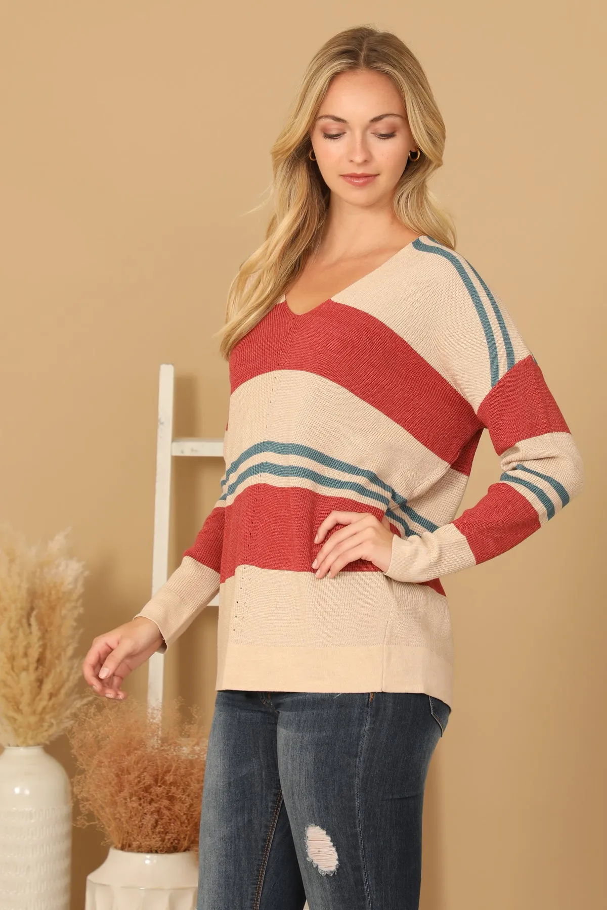 V-NECK STRIPE KNITTED SWEATER
