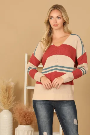 V-NECK STRIPE KNITTED SWEATER