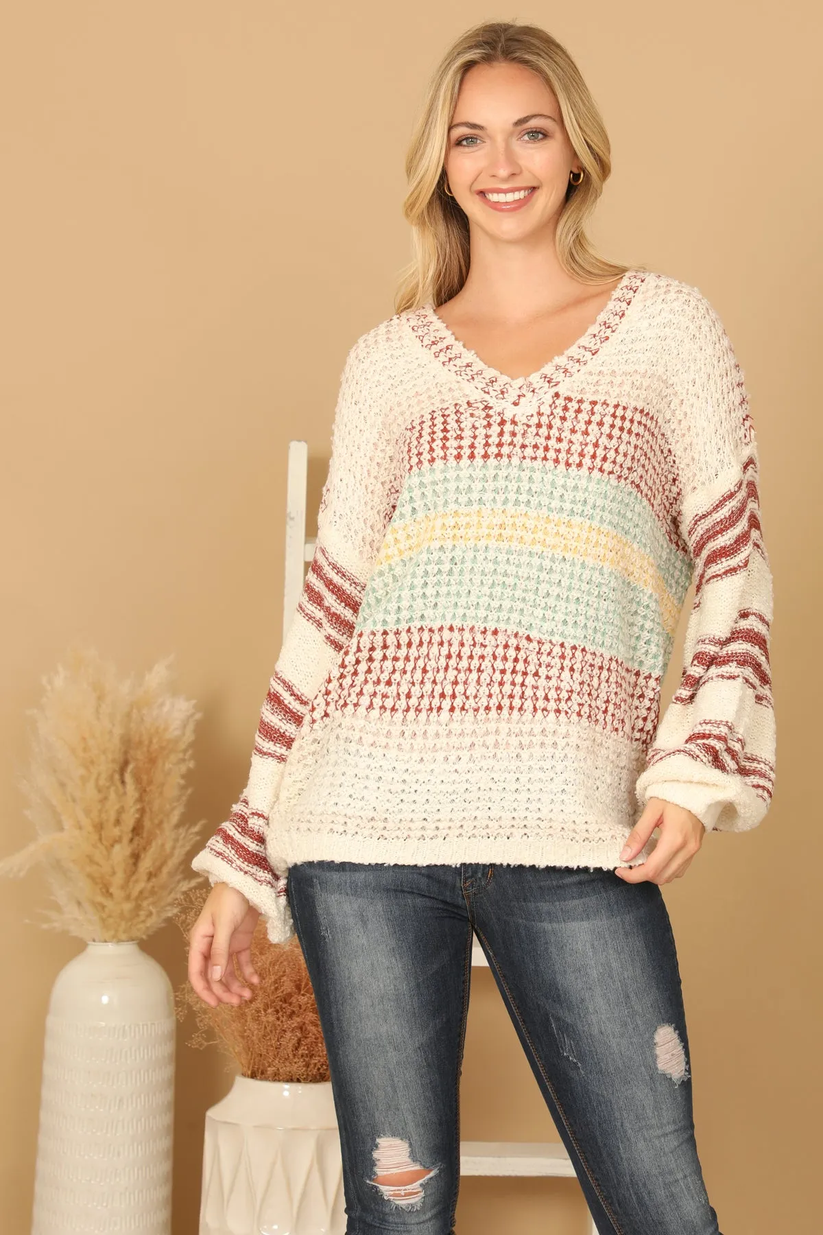 V-NECK STRIPED KNIT SWEATER