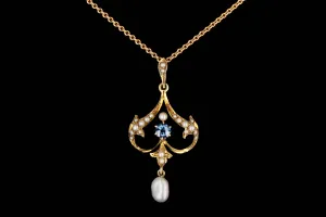Victorian 14K Yellow Gold Lavalier Necklace With .15 Carat Natural Sapphire and Natural Pearls