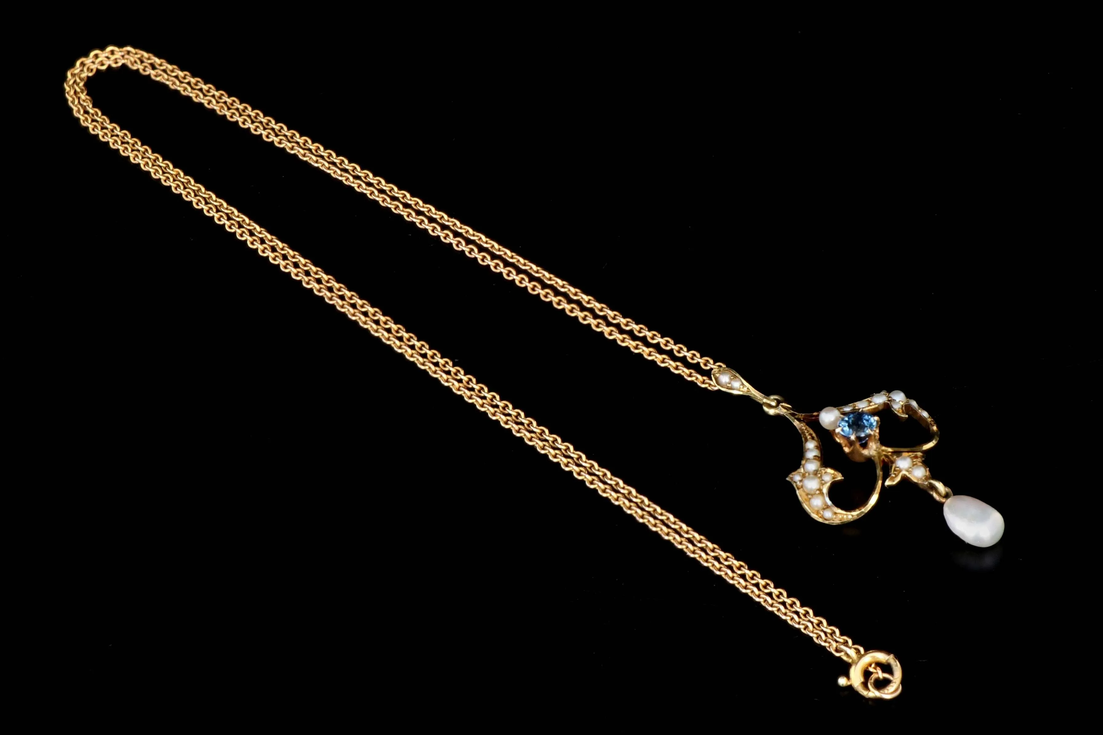 Victorian 14K Yellow Gold Lavalier Necklace With .15 Carat Natural Sapphire and Natural Pearls
