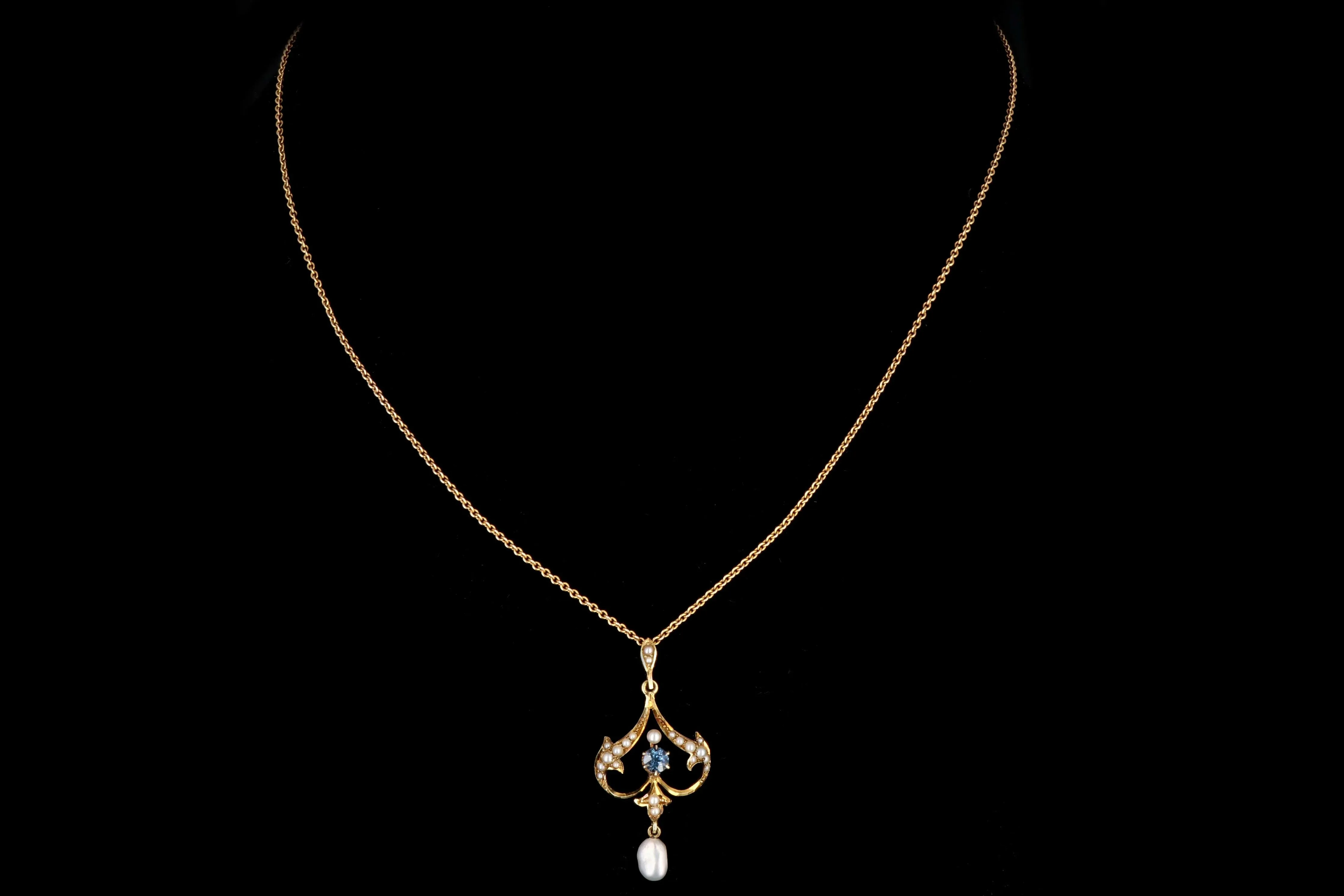 Victorian 14K Yellow Gold Lavalier Necklace With .15 Carat Natural Sapphire and Natural Pearls