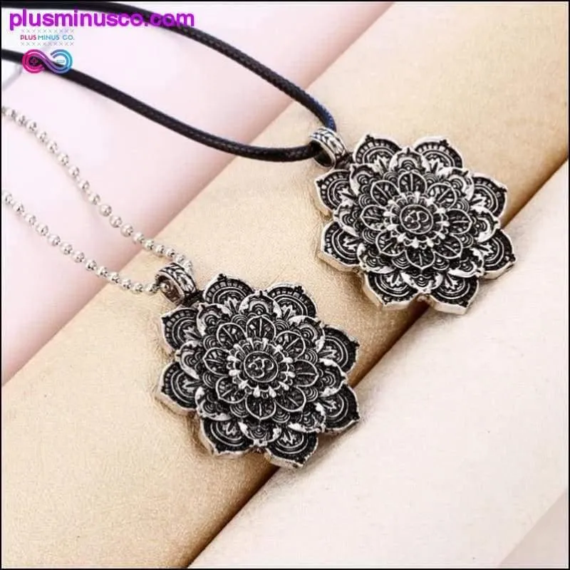 Vintage Alloy Mandala Lotus Flower Pendant Necklaces For
