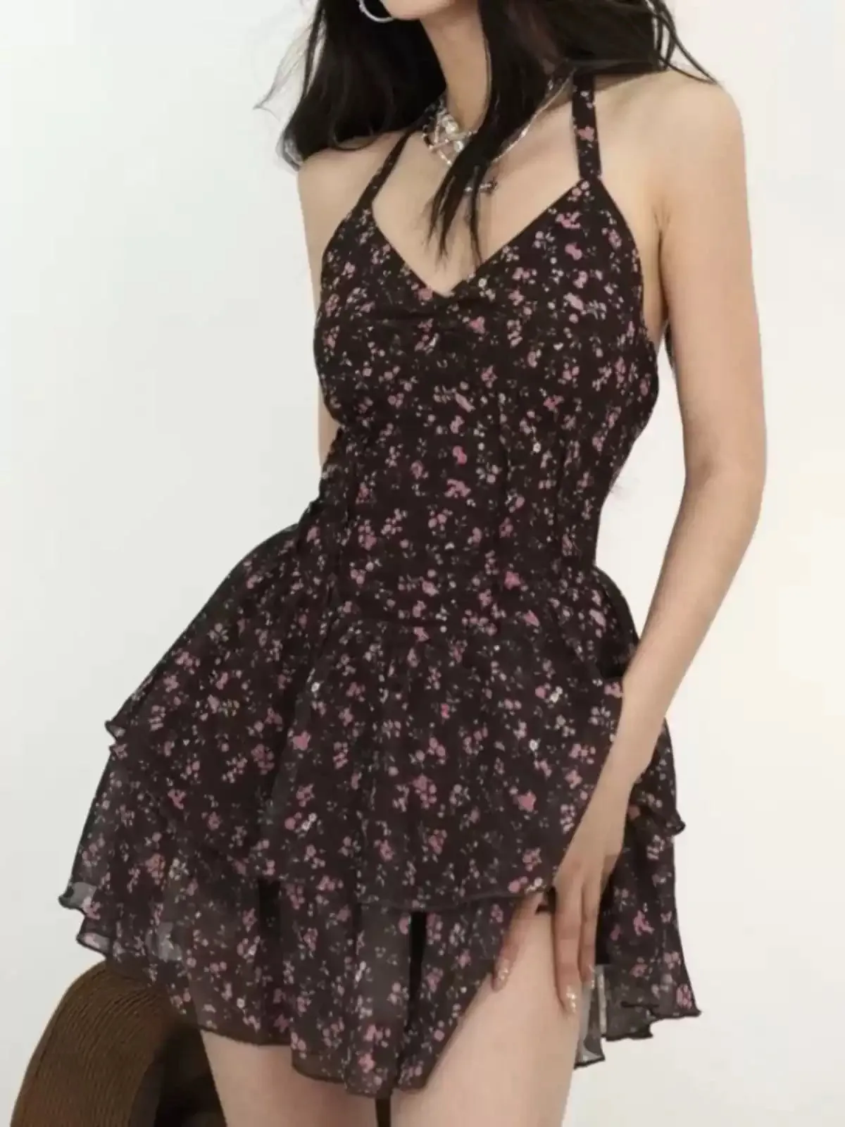 Vintage Black Print Low High Design Spaghetti Strap Mid Dress Summer