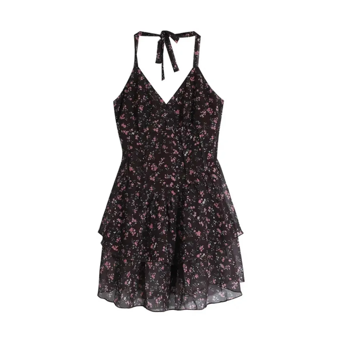 Vintage Black Print Low High Design Spaghetti Strap Mid Dress Summer