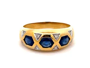 Vintage Blue Sapphire and Diamond Band Ring in 18k Yellow Gold
