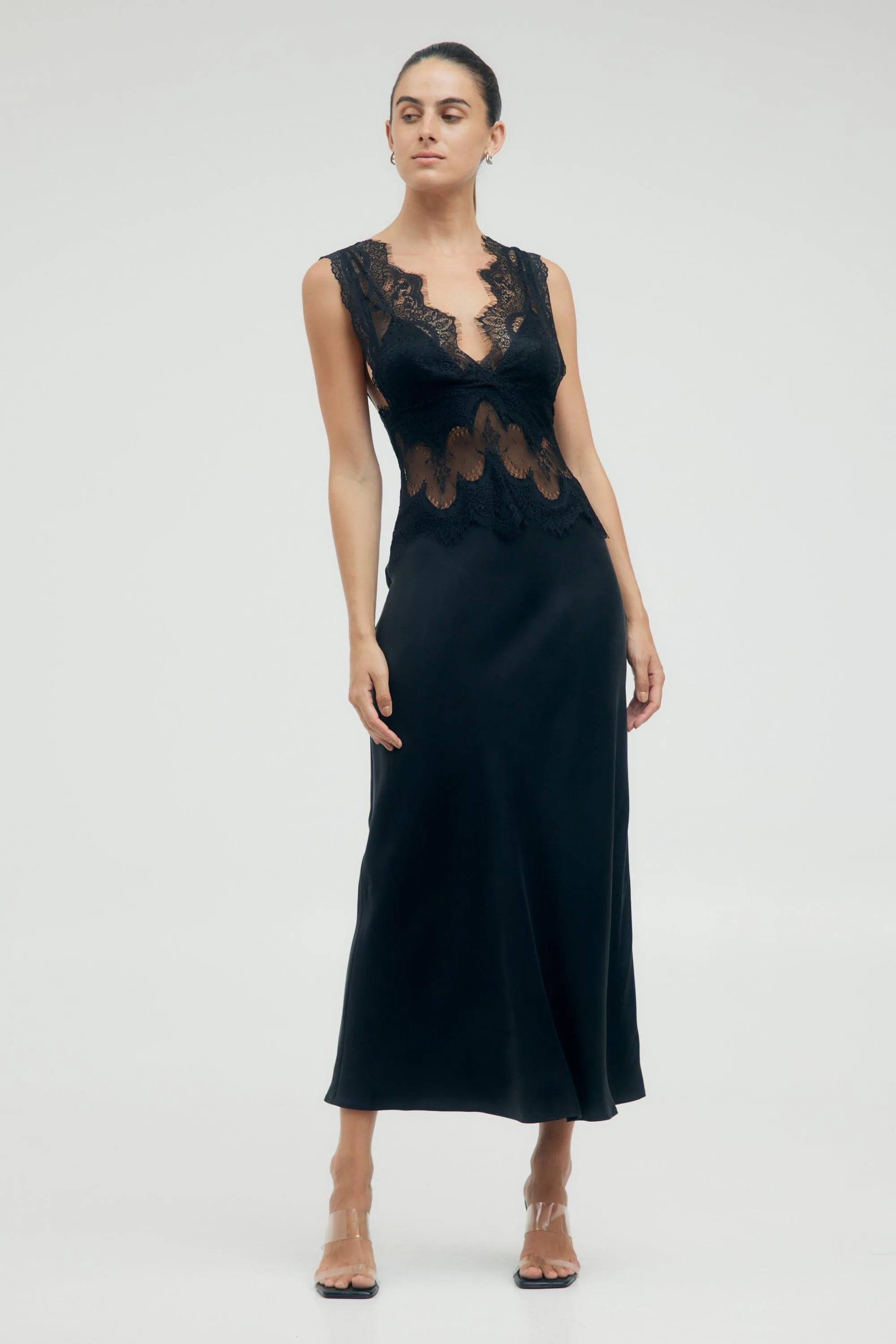 VISIONS LACE DEEP V MAXI DRESS | EBONY