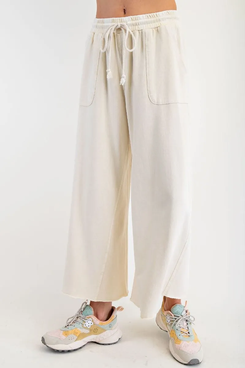 Washed Terry Knit Wide Leg Pants - Ecru