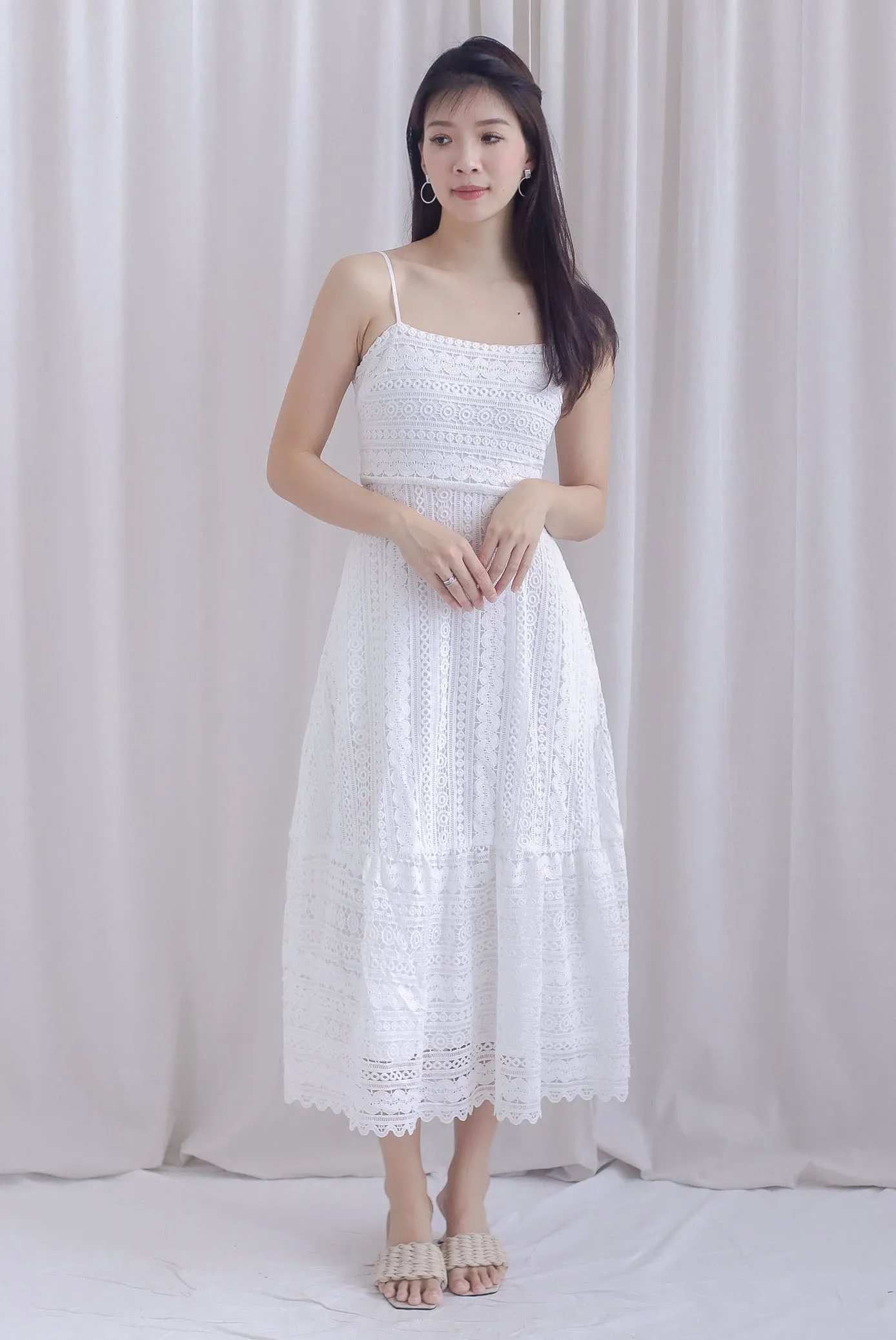 Weave Crochet Spaghetti Maxi Dress In White