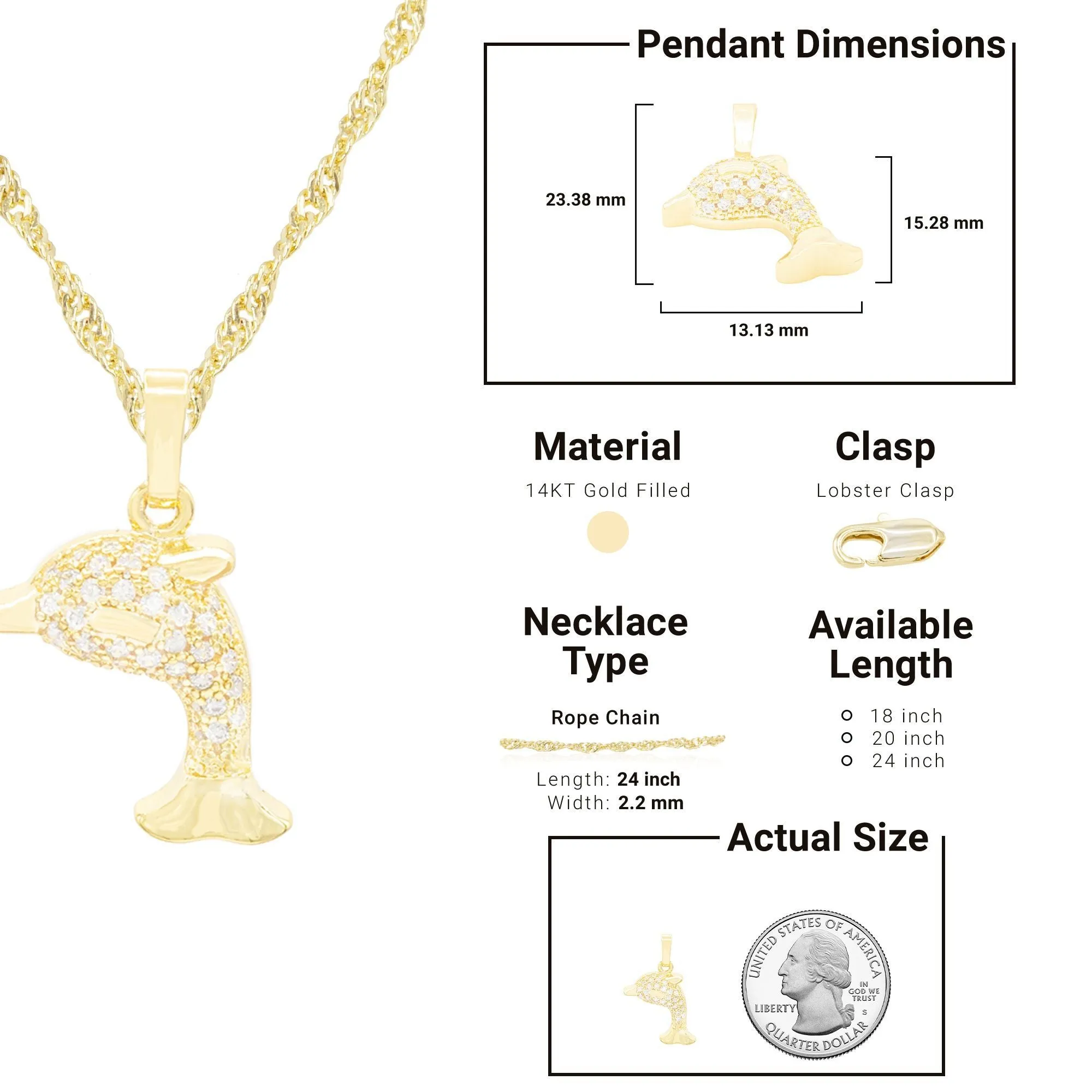 Whale Cubic Zirconia Pendant With 14K Gold Filled Necklace Set