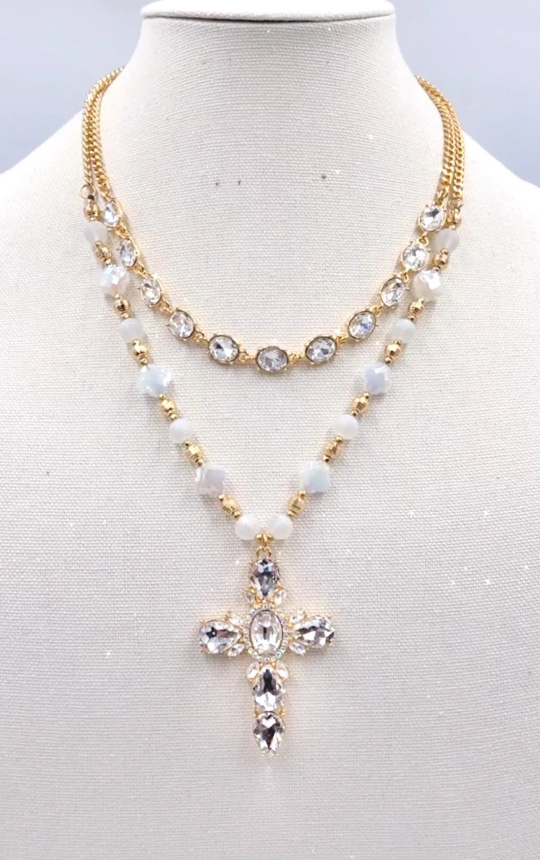 White & Gold Bling Cross pendant necklace