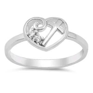 White CZ Heart Cross Promise Ring .925 Sterling Silver Christian Band Sizes 4-10