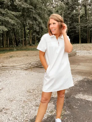 White Denim Collared Zip Dress
