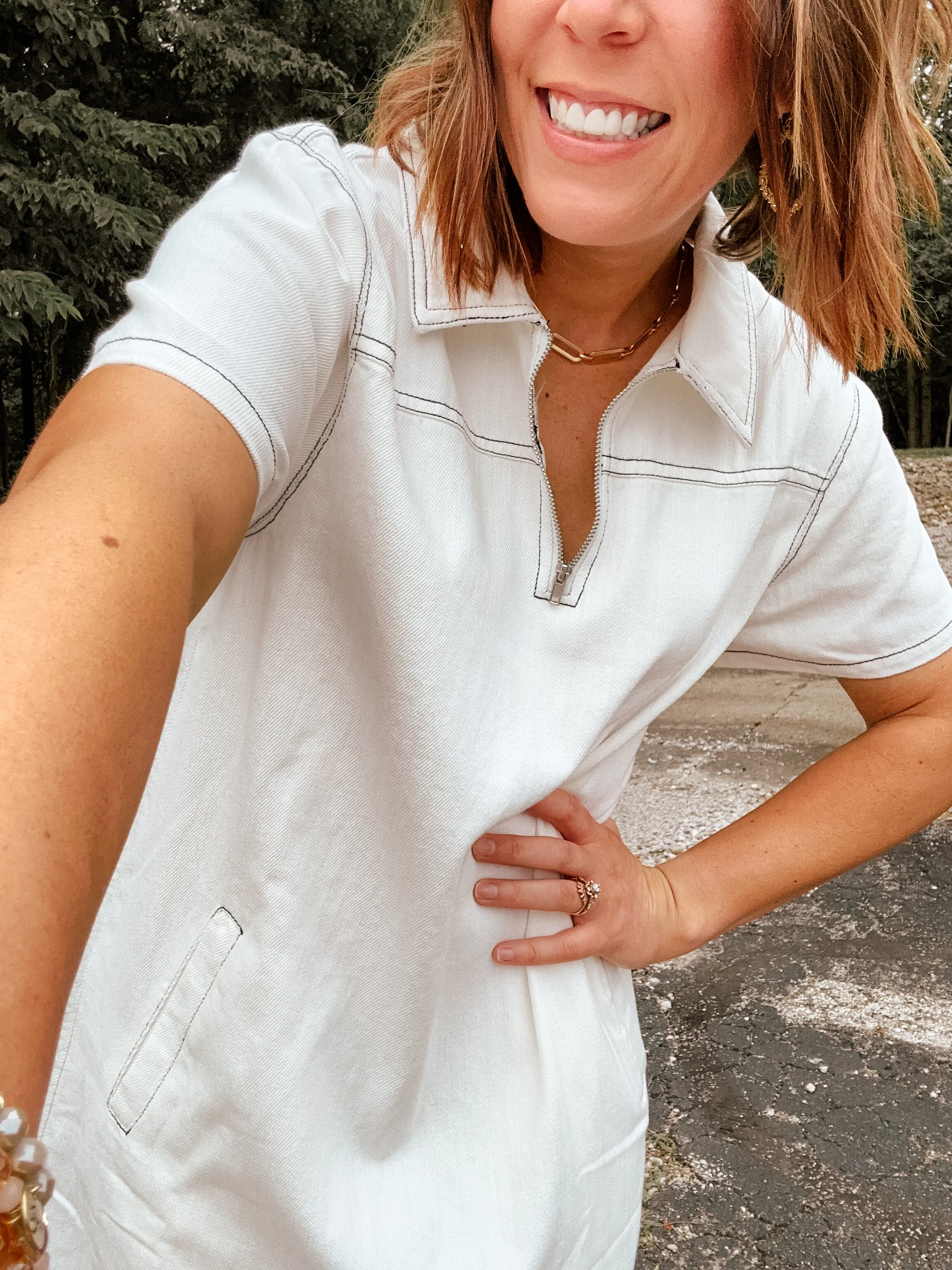 White Denim Collared Zip Dress