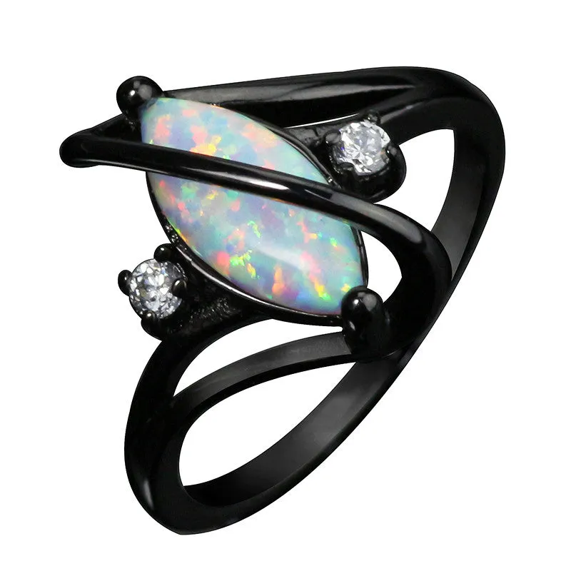 White Fire Opal Crossed Dark Ring