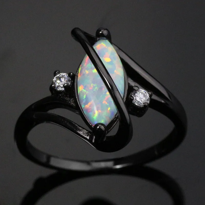 White Fire Opal Crossed Dark Ring