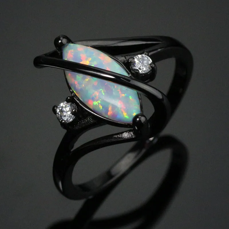 White Fire Opal Crossed Dark Ring