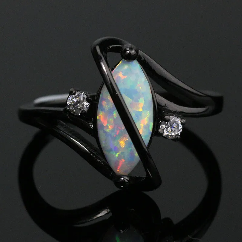 White Fire Opal Crossed Dark Ring