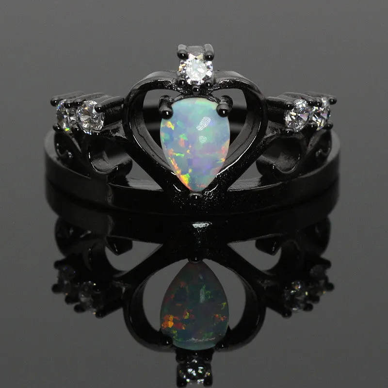 White Fire Opal Crown Dark Ring