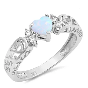 White Lab Opal Filigree Heart Promise Ring .925 Sterling Silver Band Sizes 5-10