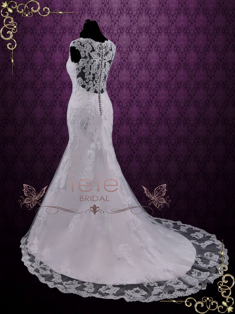 White Modest Vintage Lace Wedding Dress with Cap Sleeves JULY